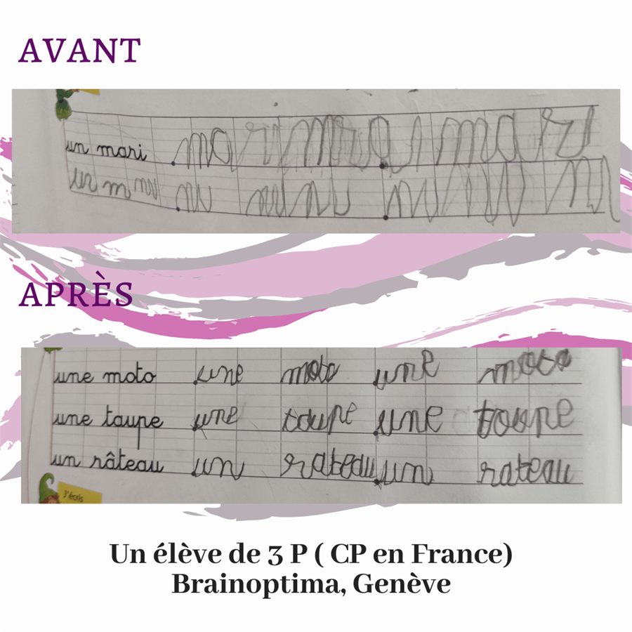 Écriture avant / après d'un enfant de 6 ans, élève en classe de 3P, suivi par BrainOptima.